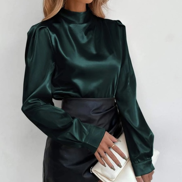 Classic High Neck Satin Top Work Minimalist - Picture 2 of 6